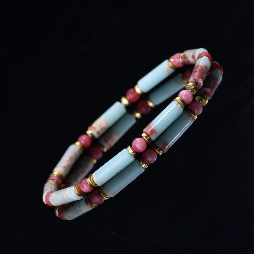 Natural Shoushan Stone & Rhodonite Cylinder Beaded Bracelet, Peaceful Mind
